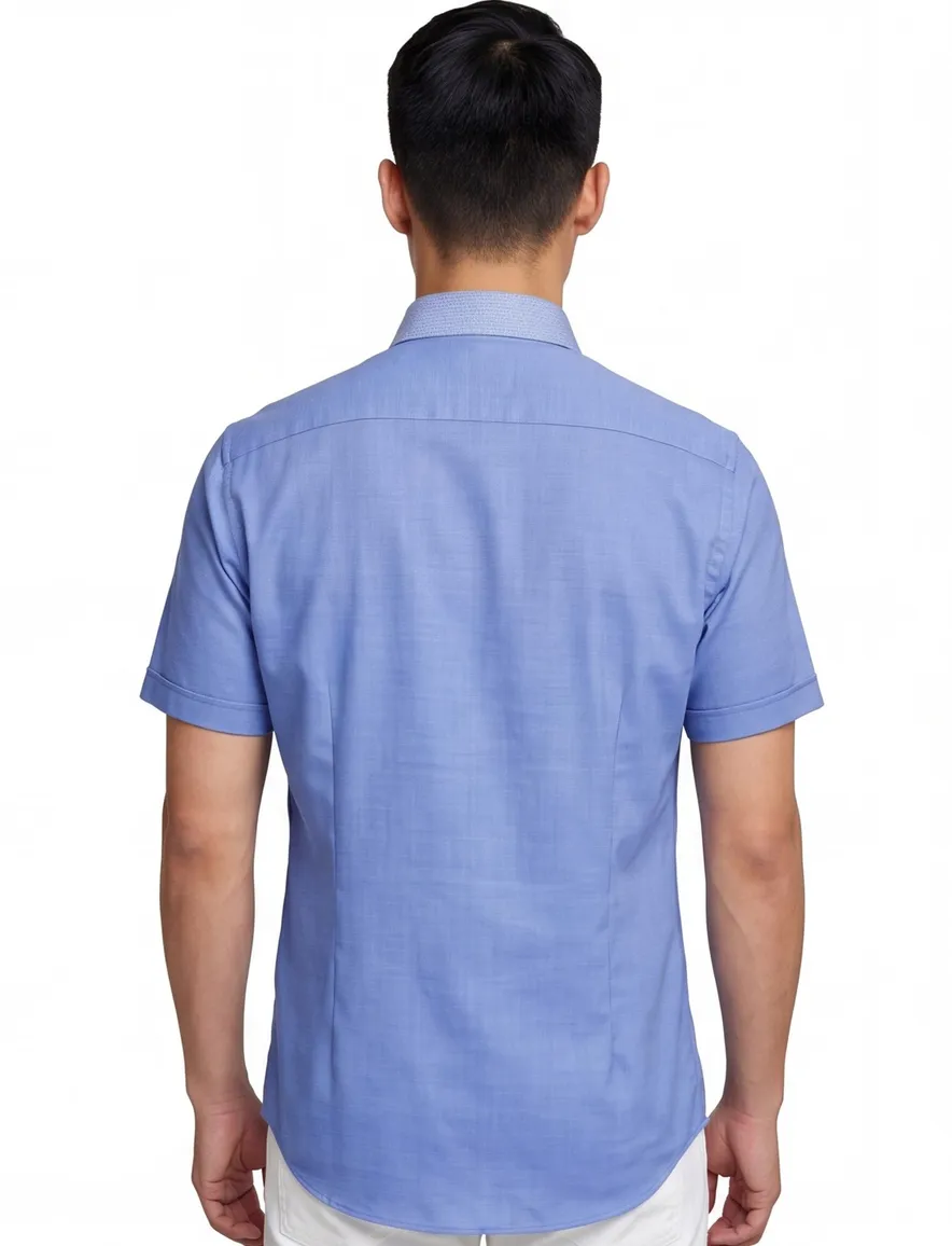 Ledub overhemd korte mouwen Modern Fit New blauw effen katoen