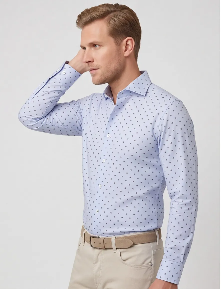 John Miller business overhemd John Miller Slim Fit slim fit lichtblauw geprint katoen