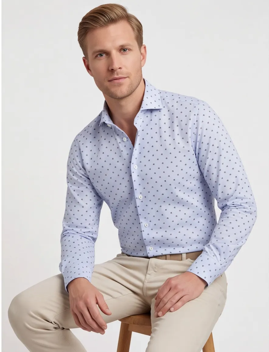 John Miller business overhemd John Miller Slim Fit slim fit lichtblauw geprint katoen