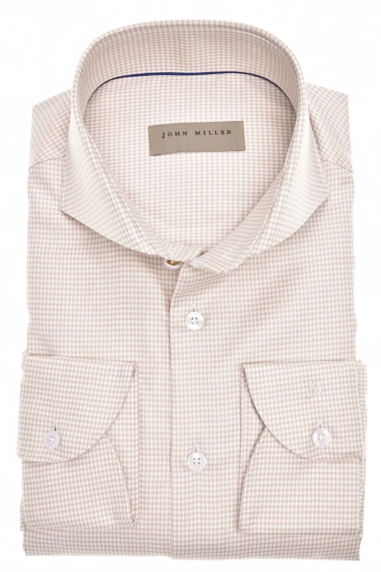 John Miller business overhemd John Miller Slim Fit slim fit beige geruit katoen
