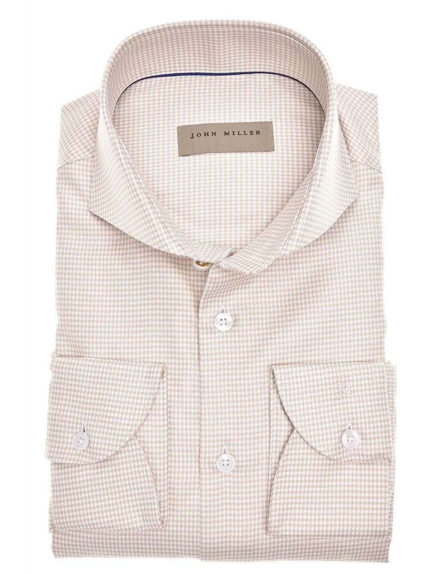 John Miller business overhemd John Miller Slim Fit slim fit beige geruit katoen
