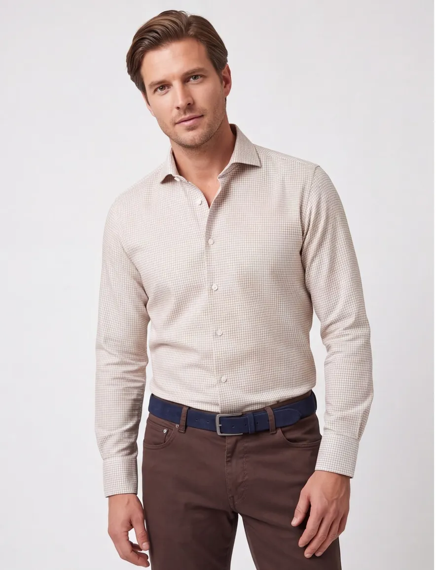 John Miller business overhemd John Miller Slim Fit slim fit beige geruit katoen