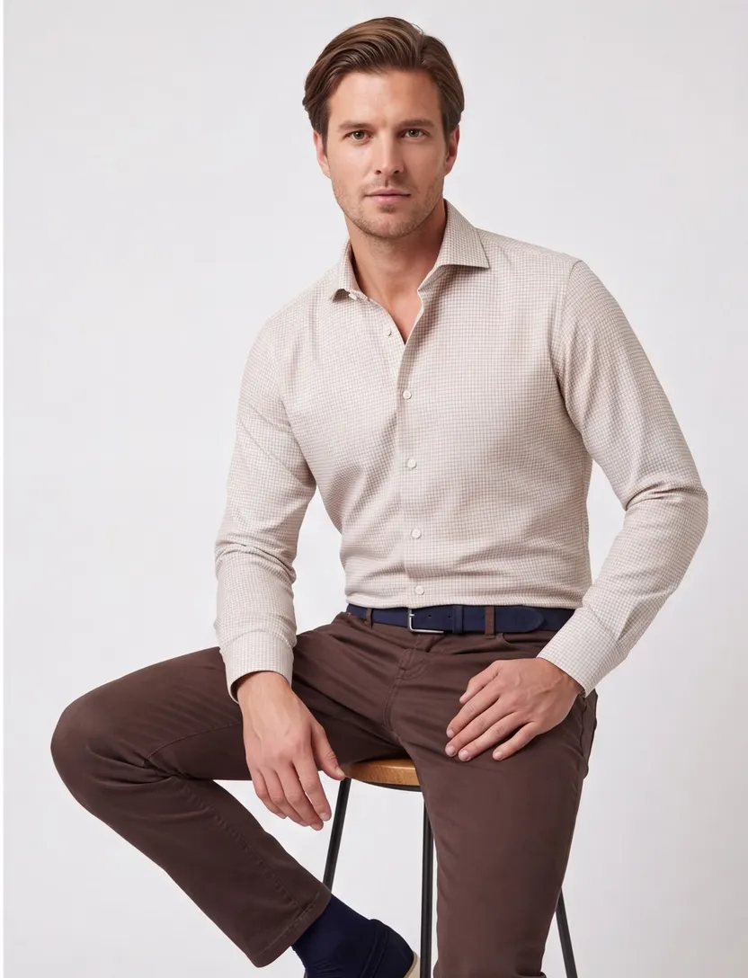 John Miller business overhemd beige geruit katoen
