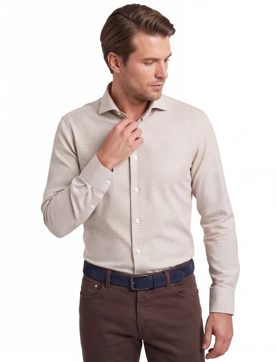 John Miller business overhemd John Miller Slim Fit slim fit beige geruit katoen