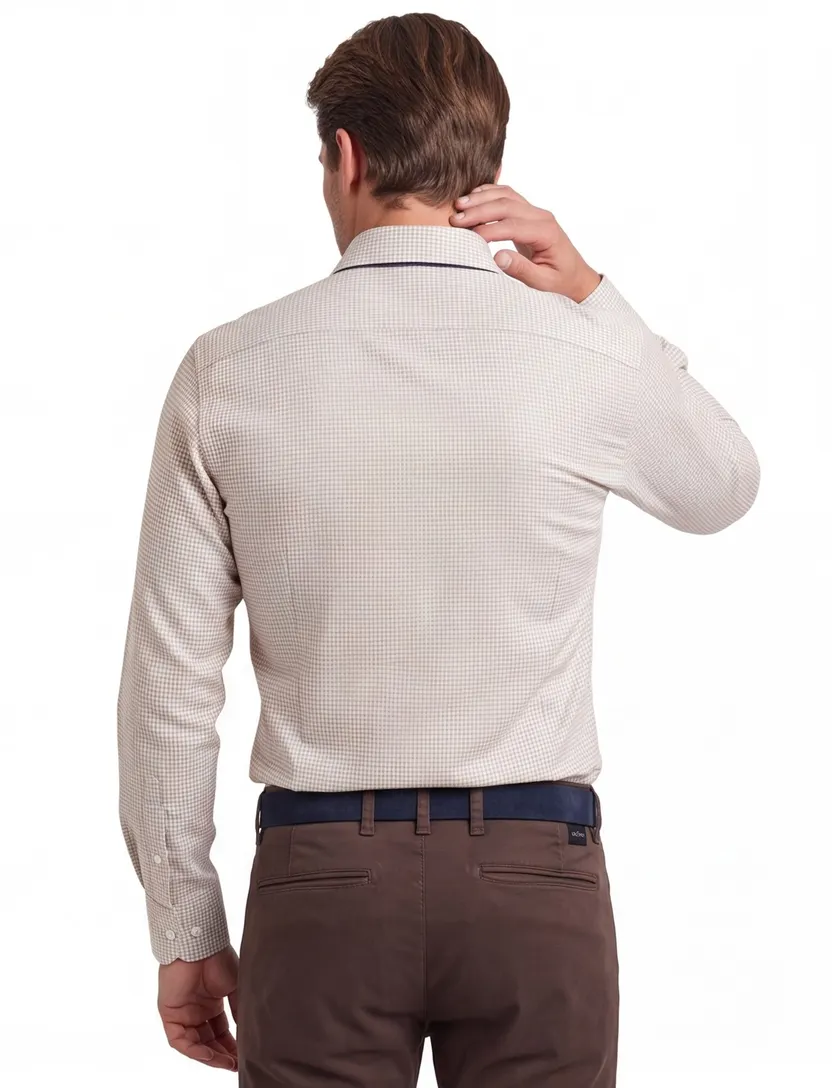 John Miller business overhemd beige geruit katoen