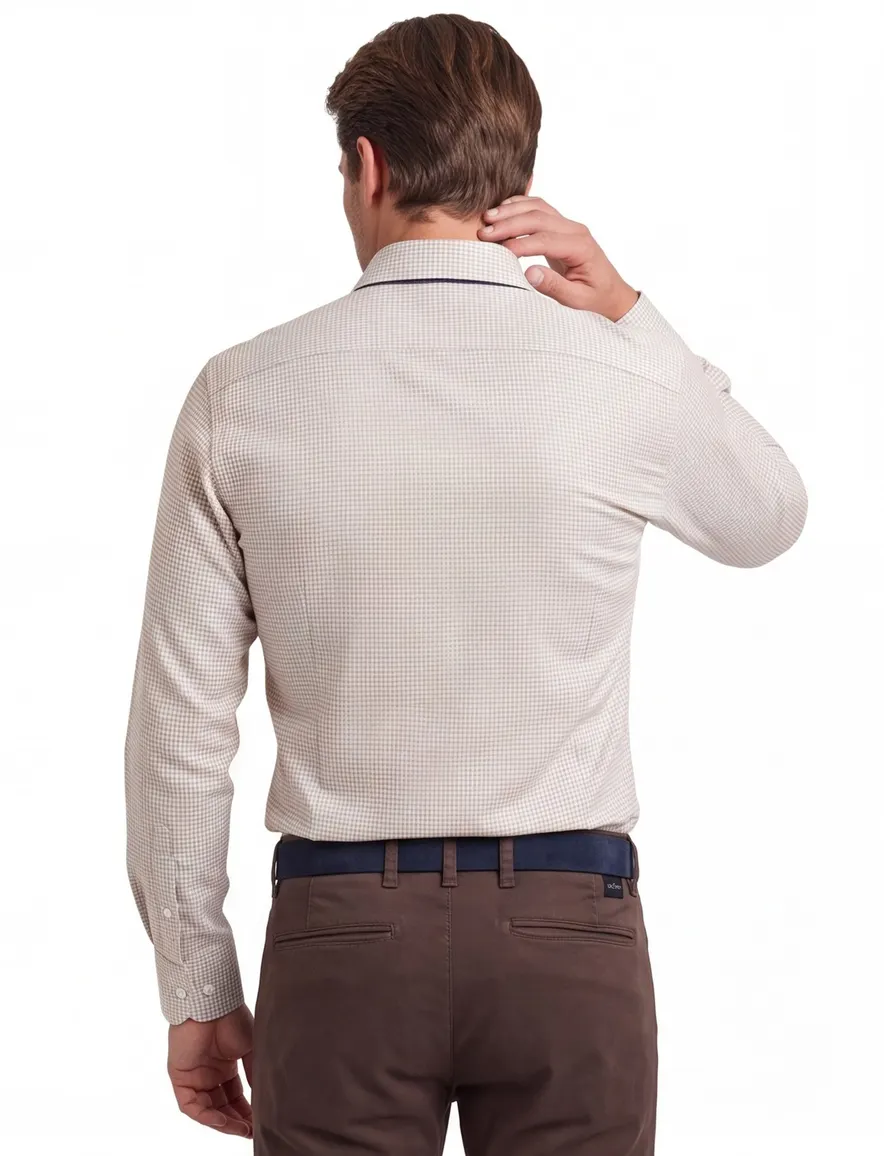 John Miller business overhemd John Miller Slim Fit slim fit beige geruit katoen