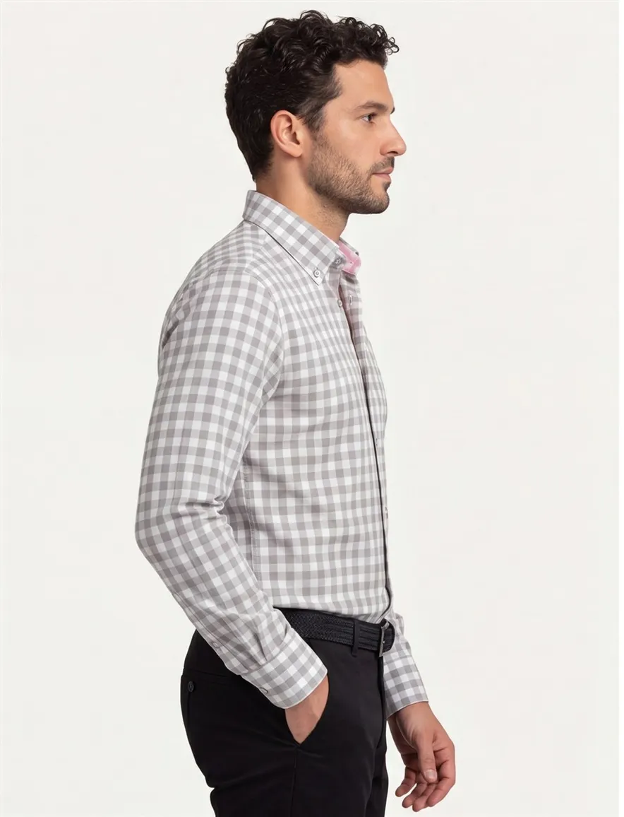 Portofino overhemd tailored fit mouwlengte 7 Grijs met roze
