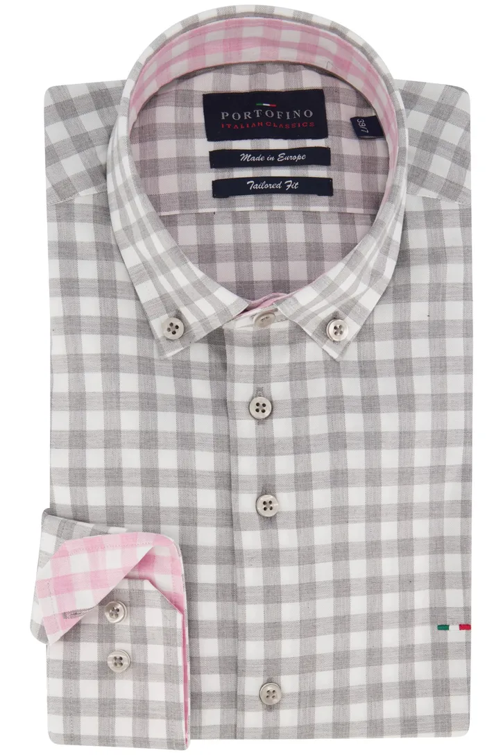 Portofino overhemd grijs met roze mouwlengte 7 tailored fit