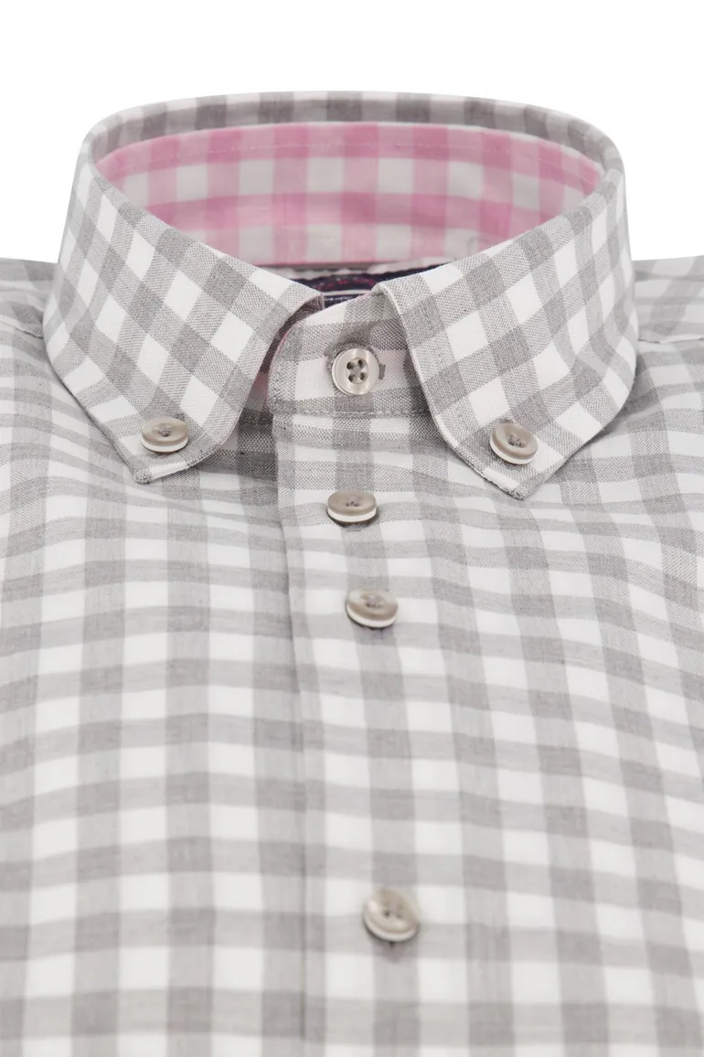 Portofino overhemd tailored fit mouwlengte 7 Grijs met roze
