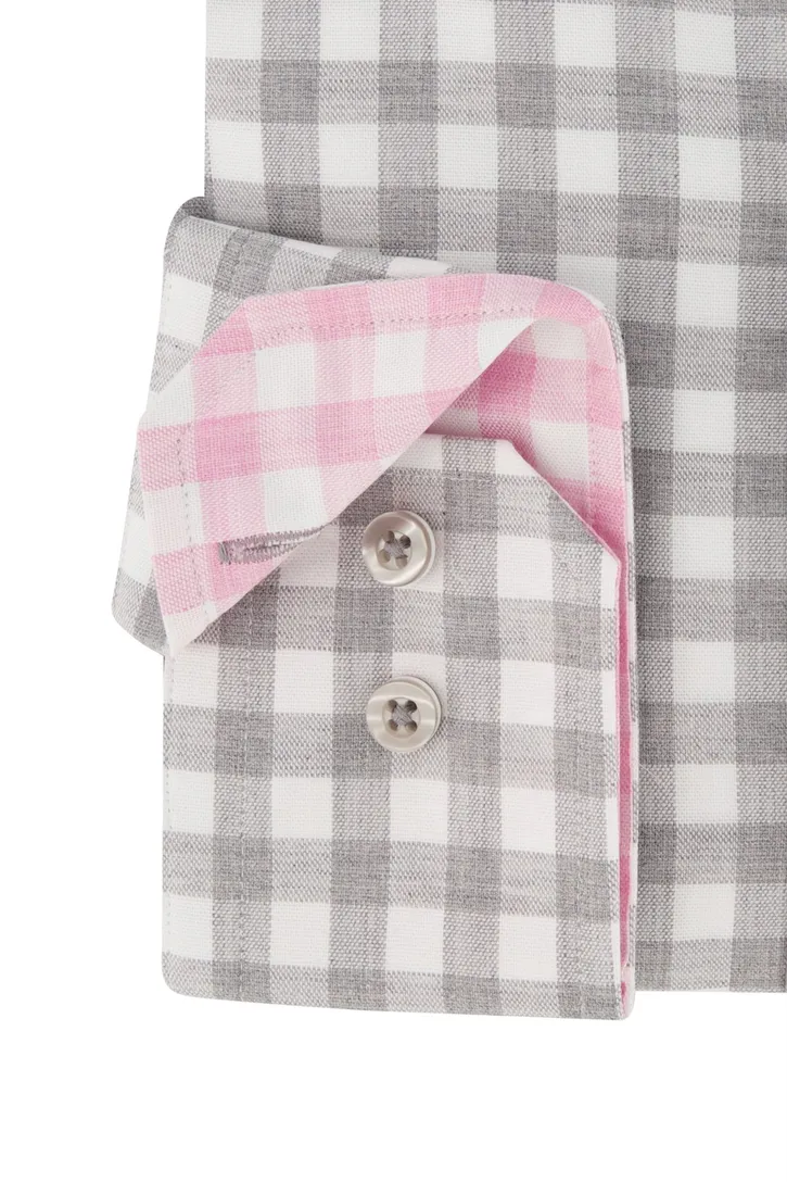Portofino overhemd grijs met roze mouwlengte 7 tailored fit