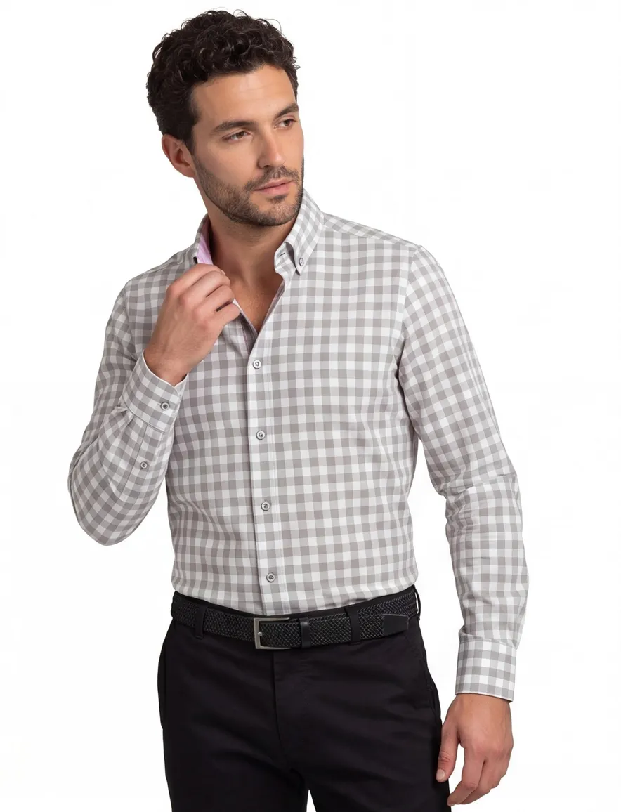Portofino overhemd tailored fit mouwlengte 7 Grijs met roze