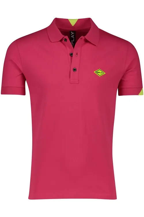 Replay polo normale fit roze met details effen katoen