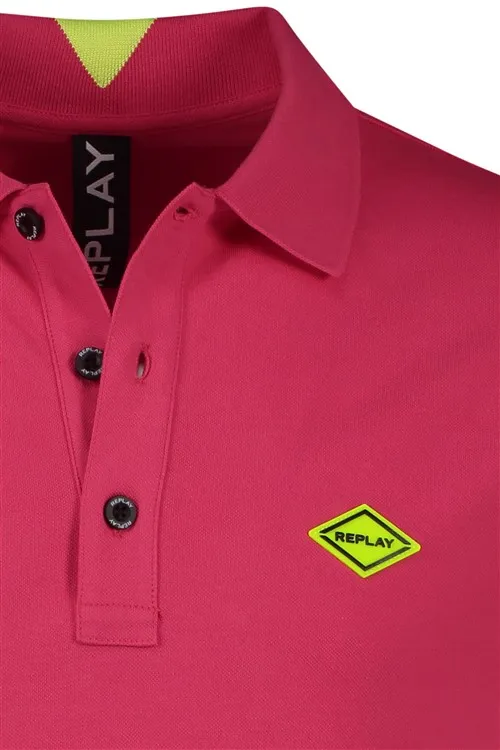 Replay polo normale fit roze met details effen katoen