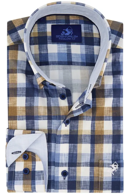 Eden Valley casual overhemd wijde fit blauw wit geruit