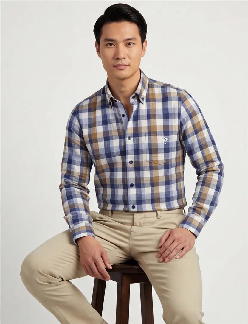 Eden Valley casual overhemd wijde fit blauw wit geruit