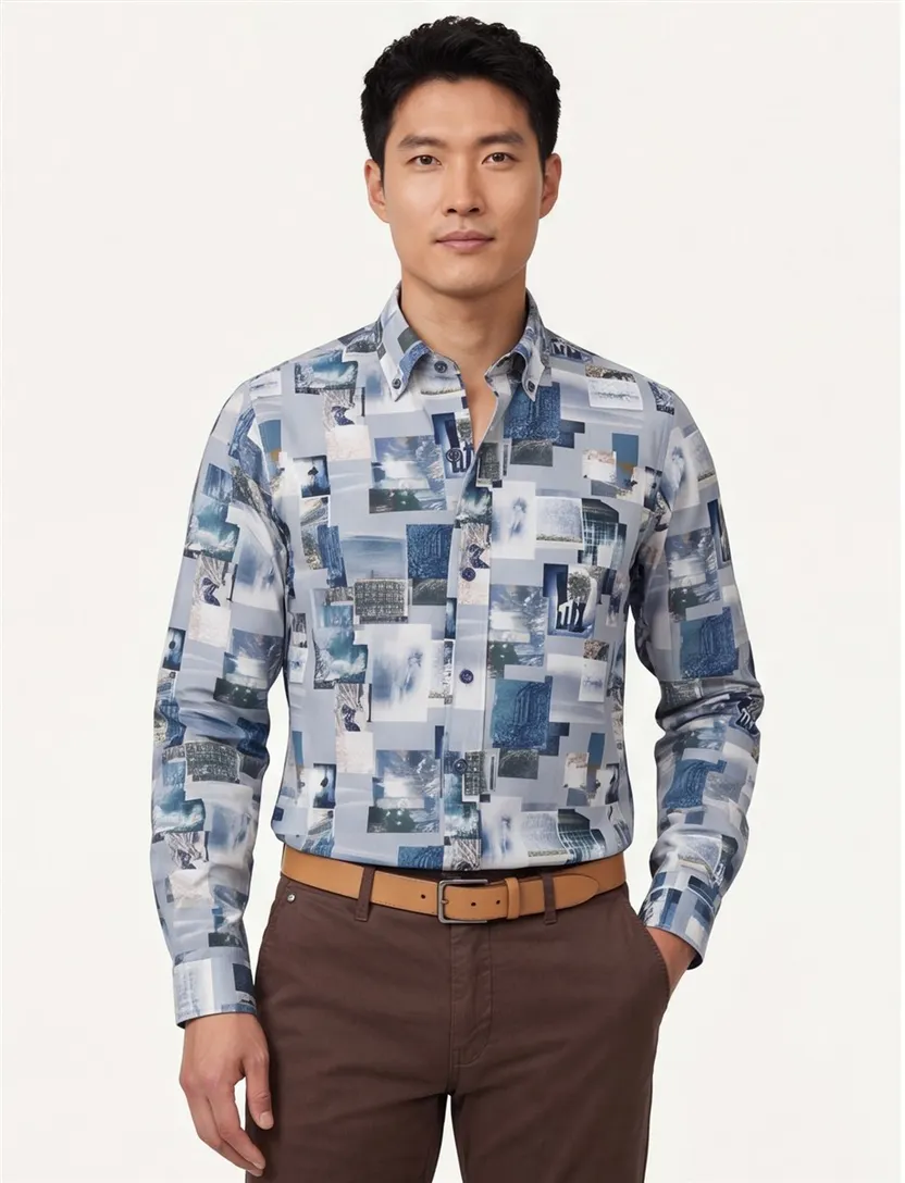Casa Moda casual overhemd blauw geprint 100% katoen wijde fit