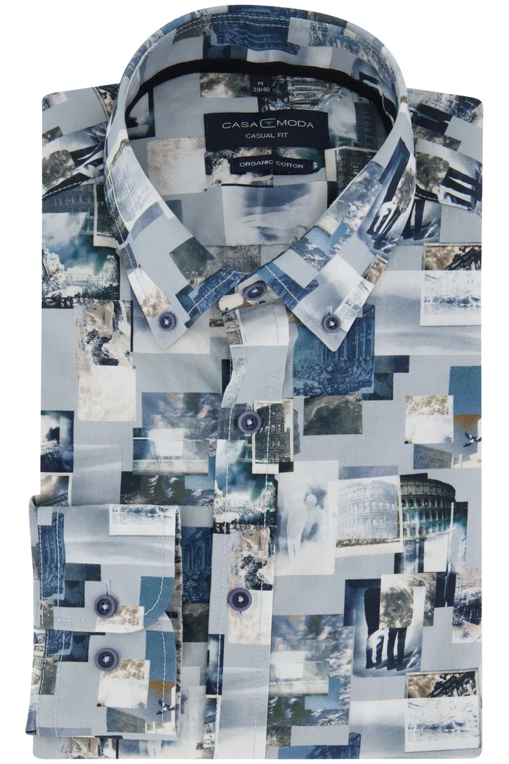 Casa Moda casual overhemd blauw geprint 100% katoen wijde fit