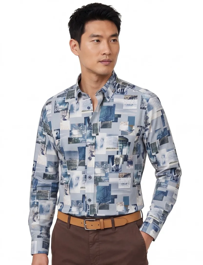 Casa Moda casual overhemd blauw geprint 100% katoen wijde fit