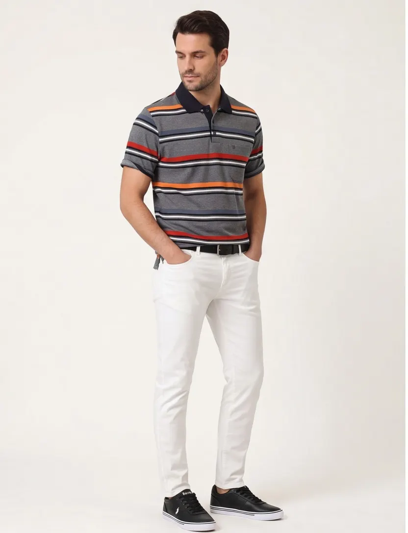 Casa Moda polo grijs oranje gestreept katoen normale fit
