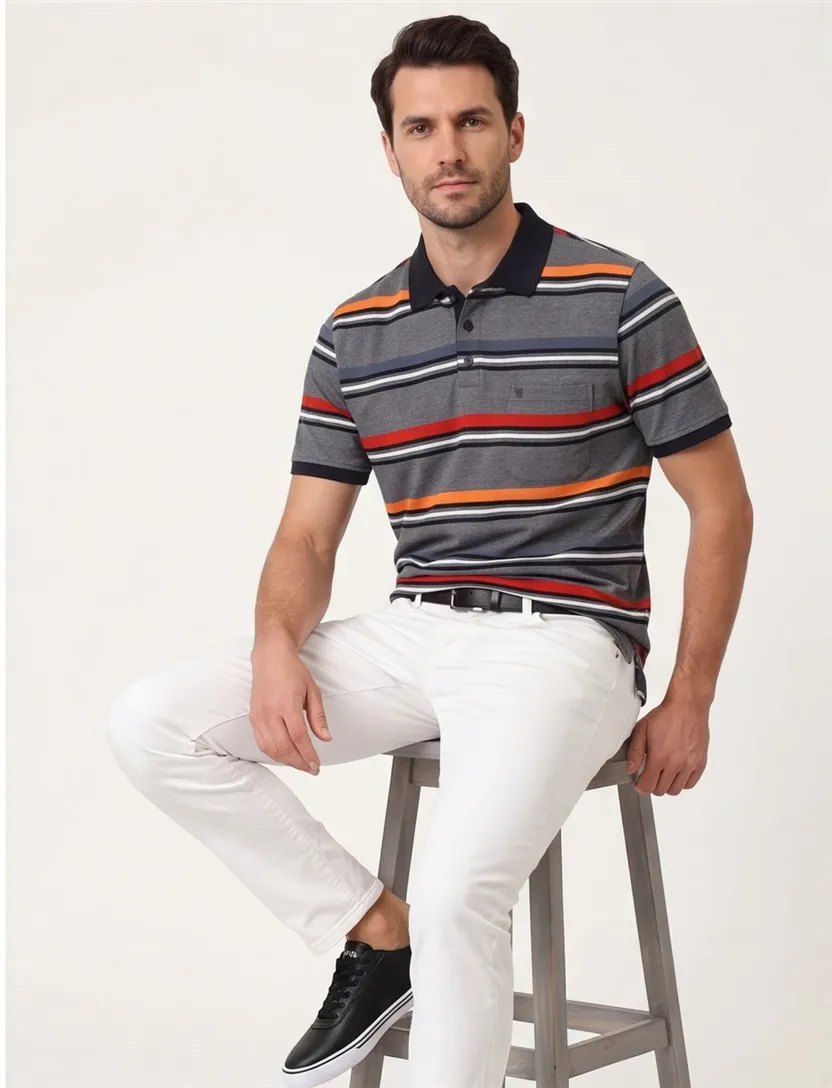 Casa Moda polo grijs oranje gestreept katoen normale fit