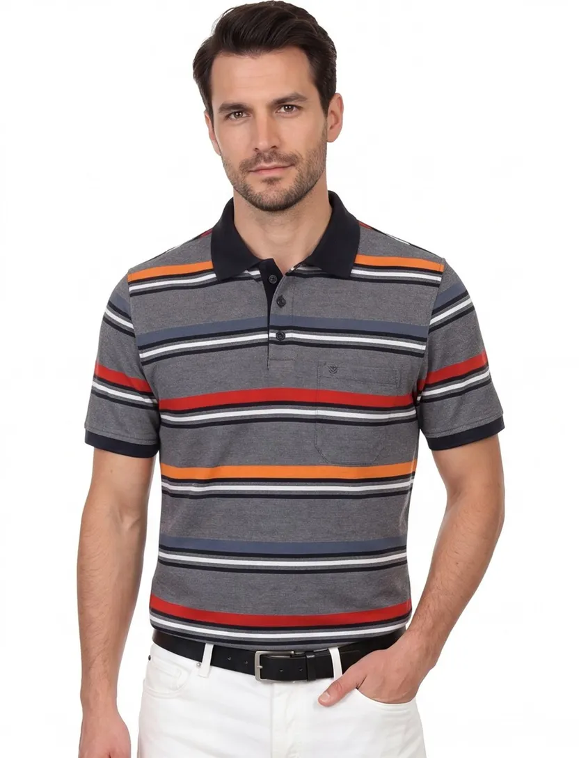Casa Moda polo grijs oranje gestreept katoen normale fit