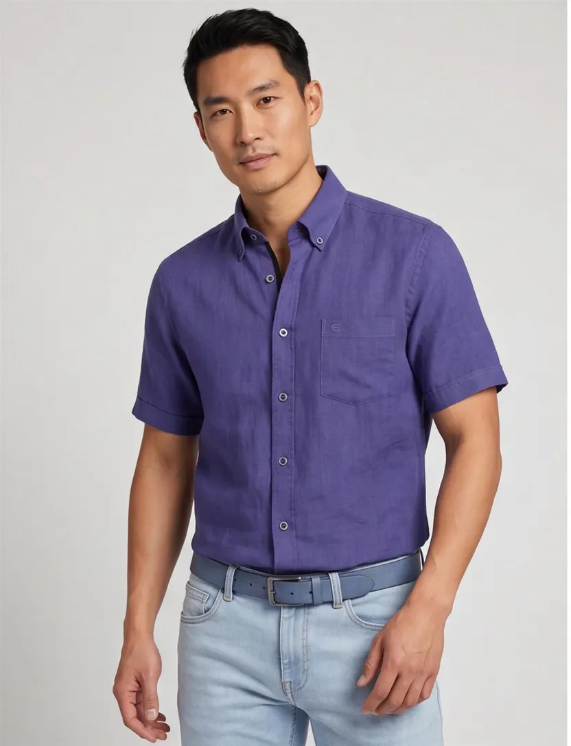 Blauwe uni Casa Moda casual overhemd korte mouw wijde fit linnen