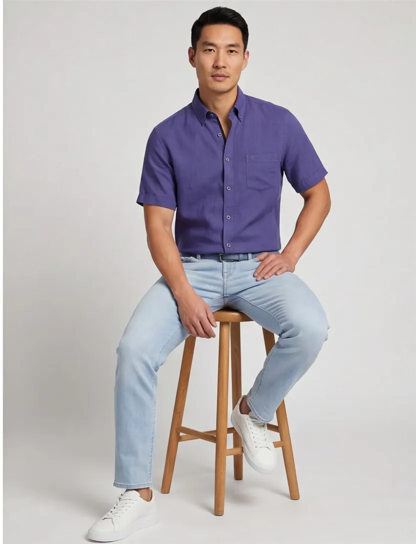 Blauwe uni Casa Moda casual overhemd korte mouw wijde fit linnen