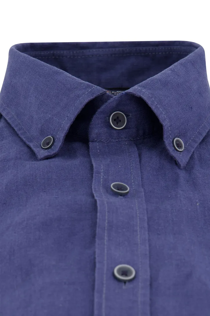 Blauwe uni Casa Moda casual overhemd korte mouw wijde fit linnen