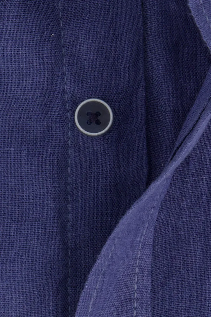 Blauwe uni Casa Moda casual overhemd korte mouw wijde fit linnen