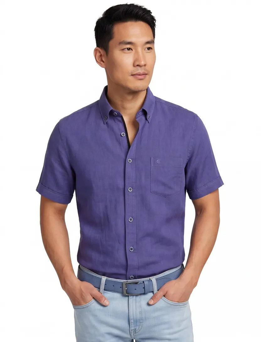 Blauwe uni Casa Moda casual overhemd korte mouw wijde fit linnen