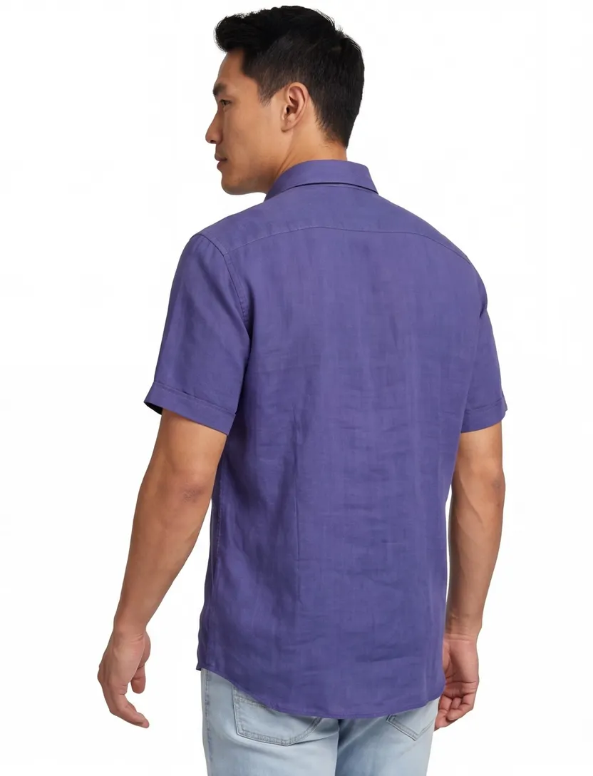 Blauwe uni Casa Moda casual overhemd korte mouw wijde fit linnen