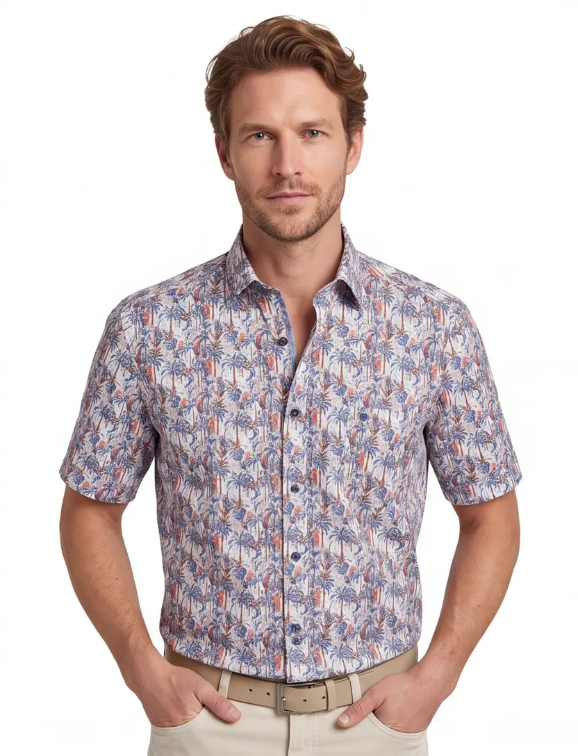 Casa Moda overhemd korte mouw bomen print wijde fit