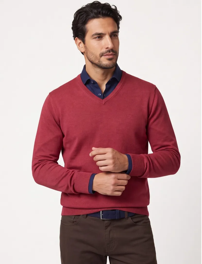 Casa Moda trui bordeaux effen katoen v-hals