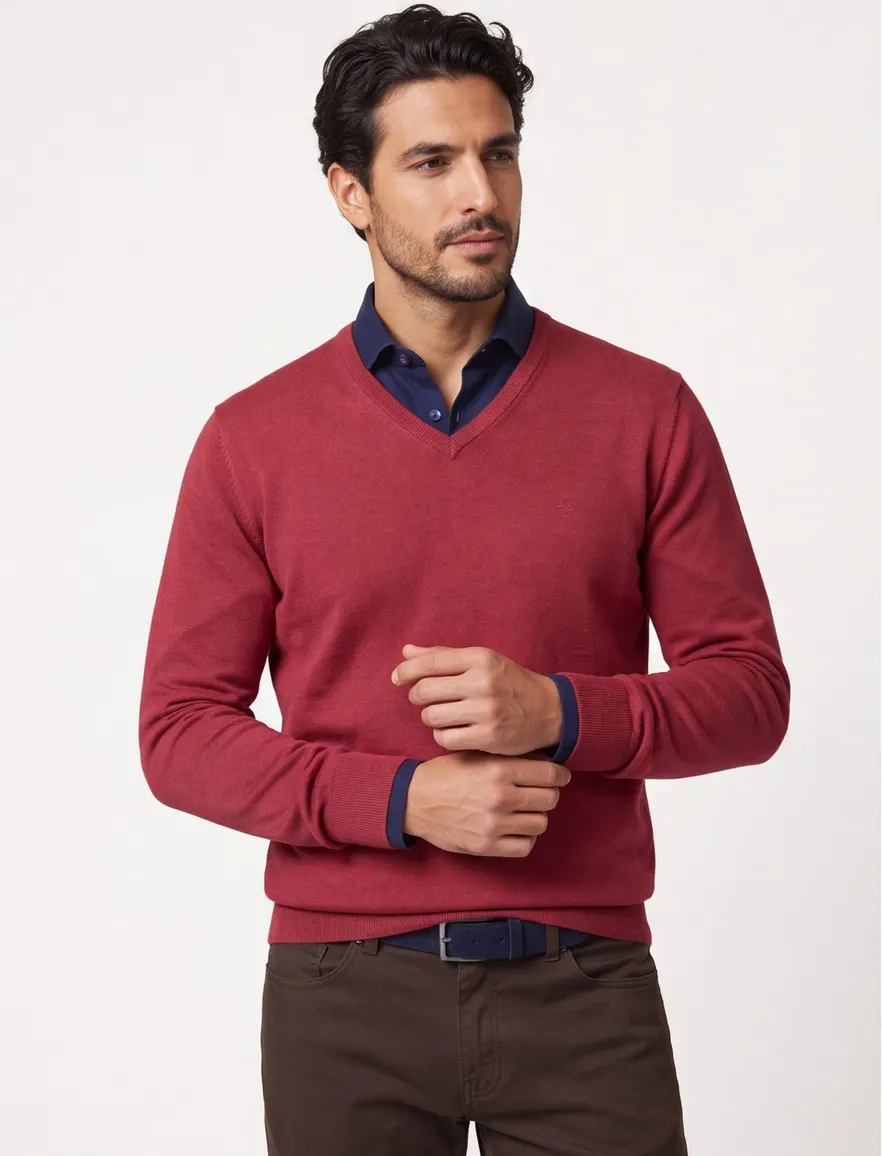 Casa Moda trui v-hals bordeaux effen katoen