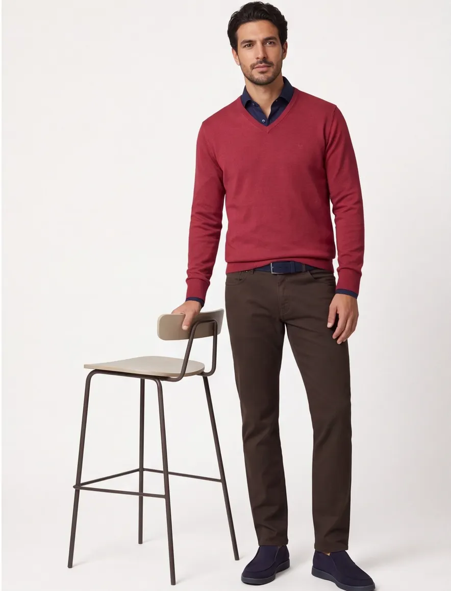 Casa Moda trui v-hals bordeaux effen katoen