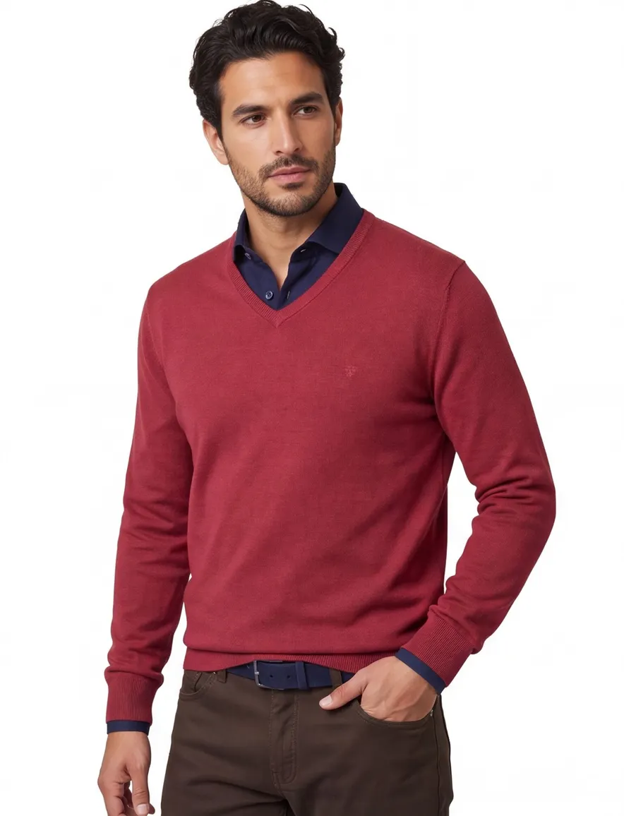 Casa Moda trui v-hals bordeaux effen katoen