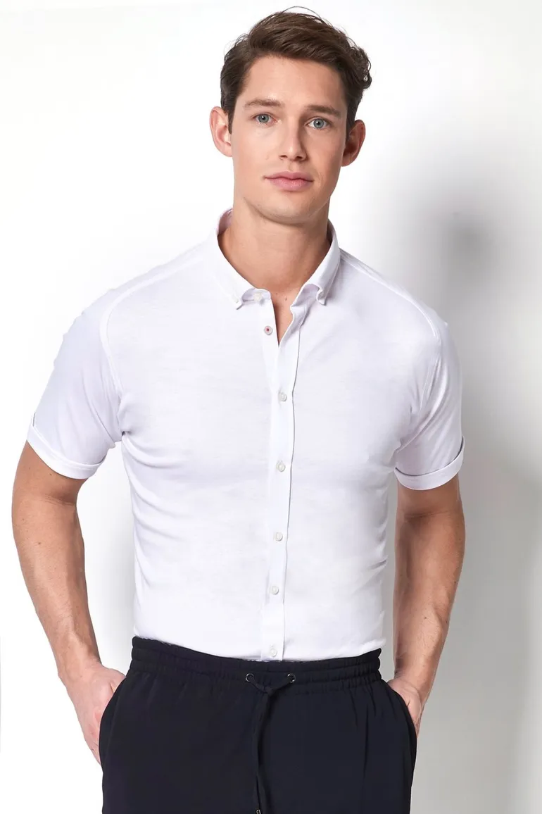 overhemd korte mouw Desoto wit effen katoen slim fit