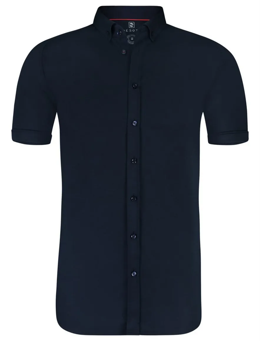 Desoto overhemd korte mouw donkerblauw slim fit effen katoen