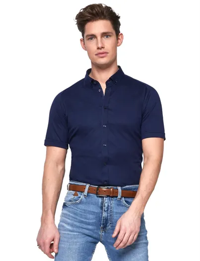 Desoto Desoto overhemd korte mouw donkerblauw slim fit effen katoen