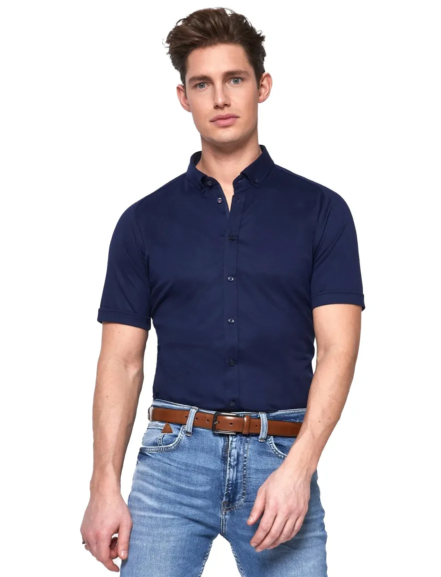 Desoto overhemd korte mouw donkerblauw slim fit effen katoen