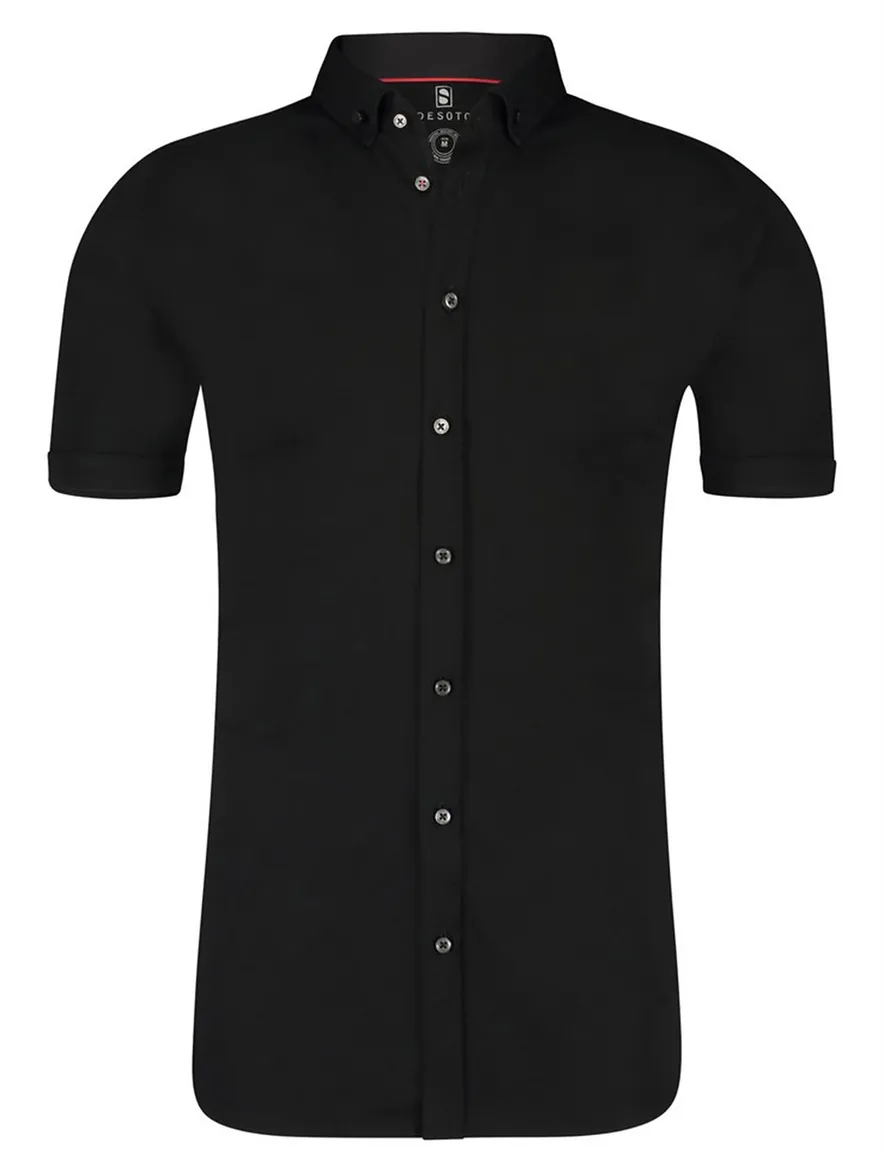 overhemd korte mouw Desoto zwart effen katoen slim fit