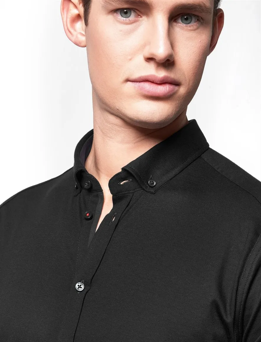overhemd korte mouw Desoto zwart effen katoen slim fit
