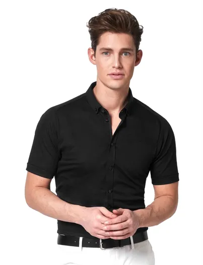 Desoto Desoto overhemd korte mouwen slim fit zwart effen katoen
