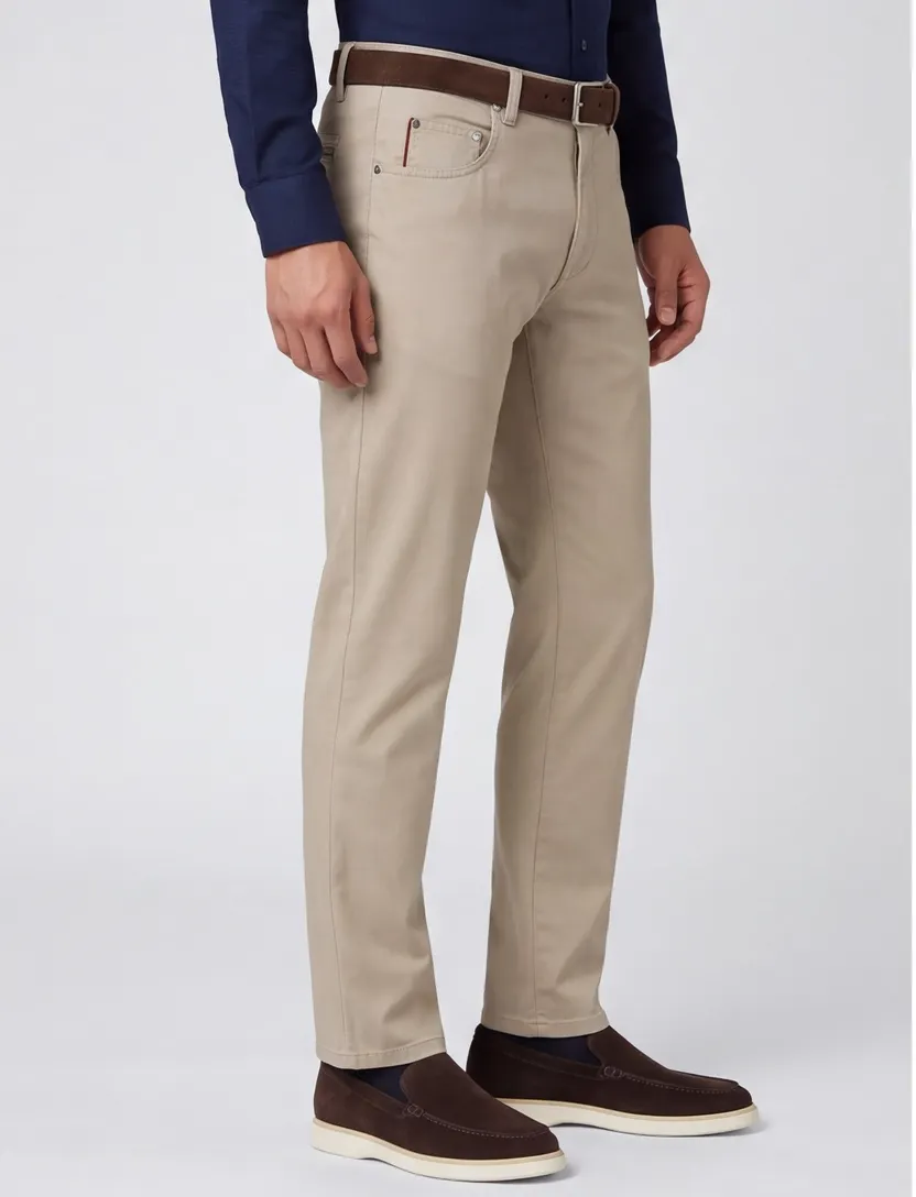 Effen beige Meyer katoenen broek Diego