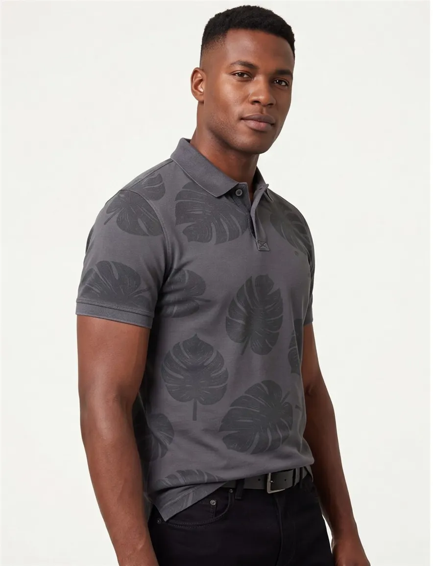 Camel Active polo grijs geprint katoen