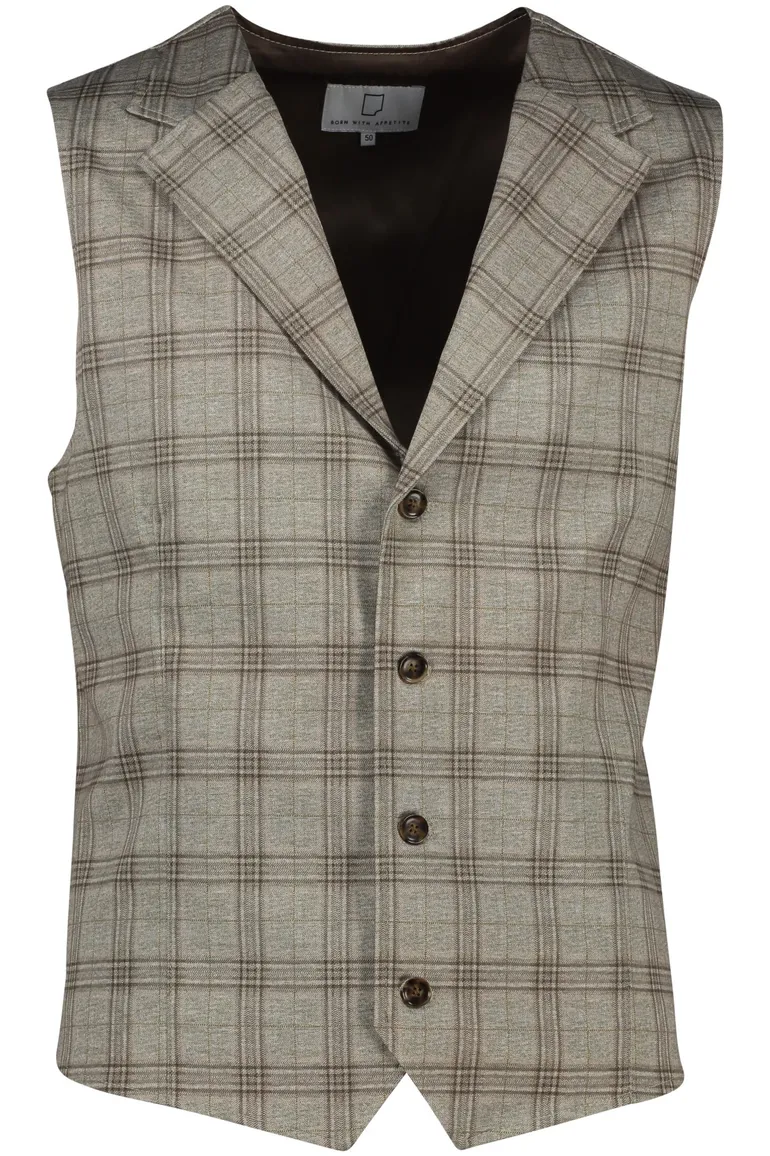 Born With Appetite gilet beige geruit slim fit bruine knopen
