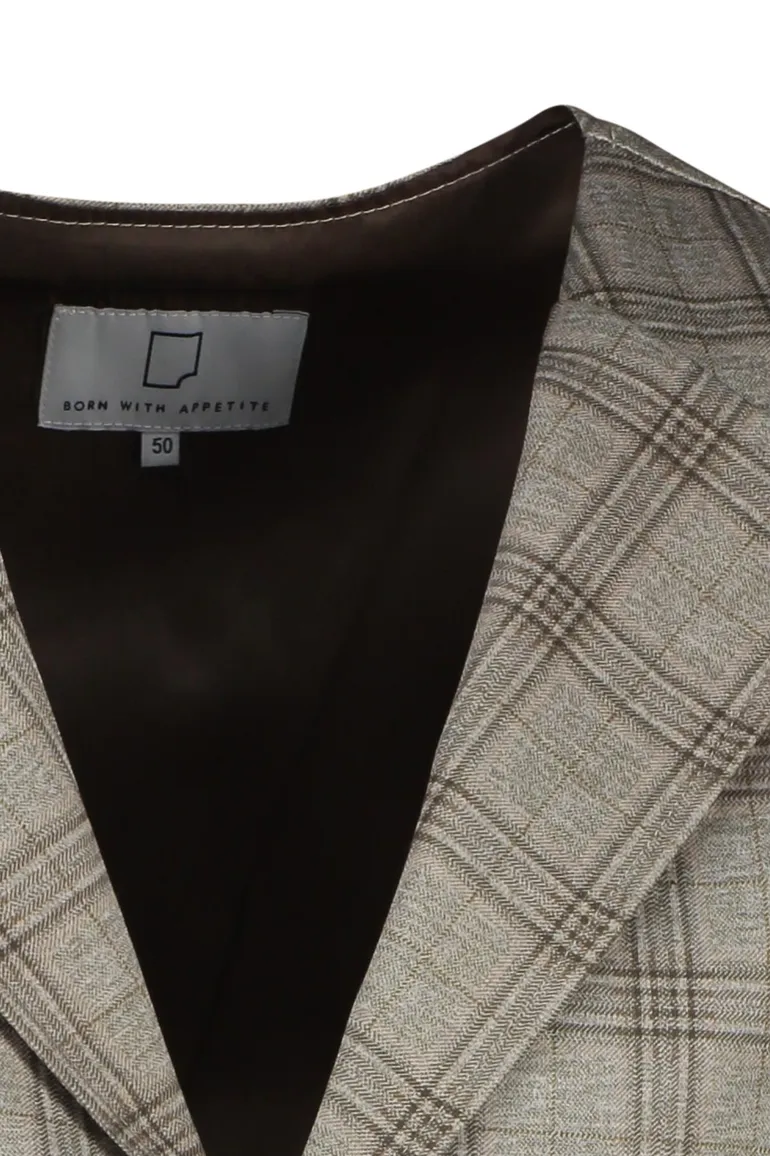 Born With Appetite gilet beige geruit slim fit bruine knopen