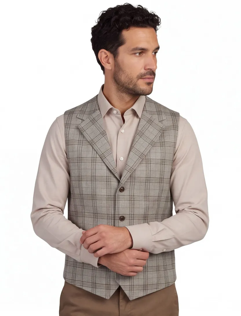 Born With Appetite gilet beige geruit bruine knopen slim fit