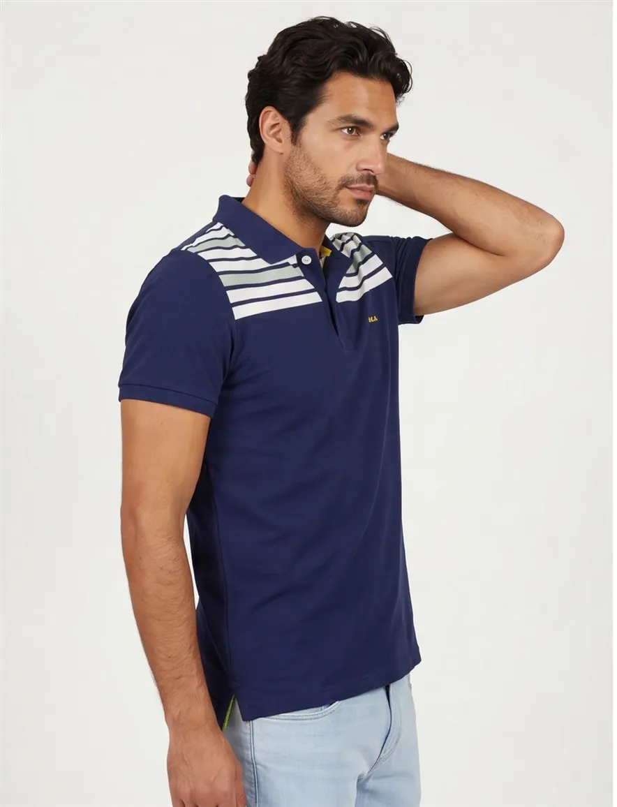 New Zealand polo normale fit donkerblauw geprint katoen 2-knoops