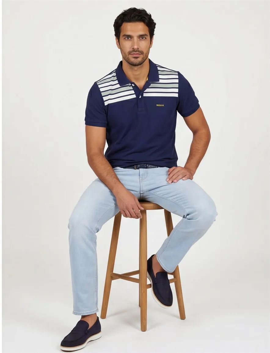 New Zealand polo normale fit donkerblauw geprint katoen 2-knoops